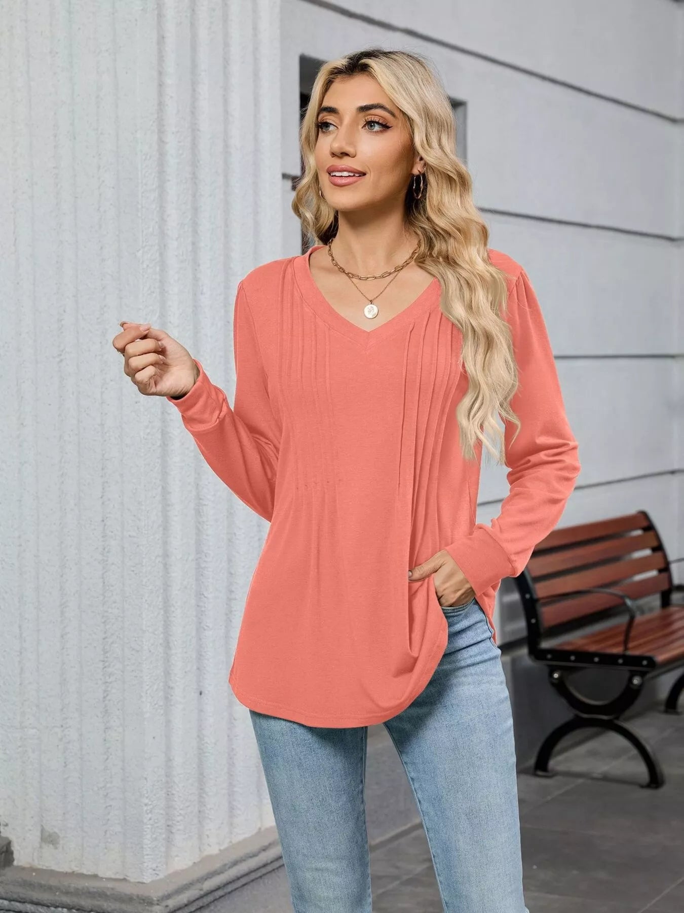 V-Neck Long Sleeve Relaxed Fit T-Shirt-Nordavory
