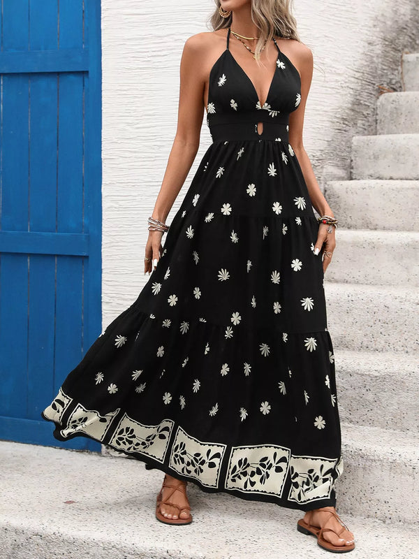Printed Halter Neck Maxi Dress-Nordavory
