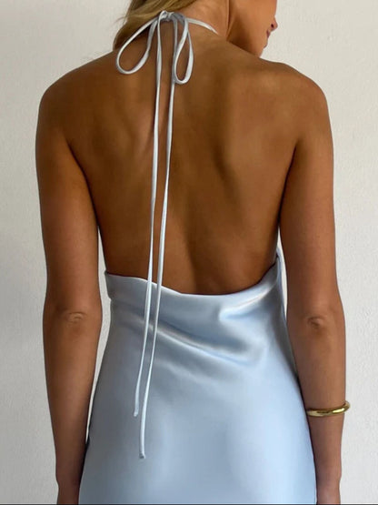 Halter Neck Satin Maxi Dress-Nordavory