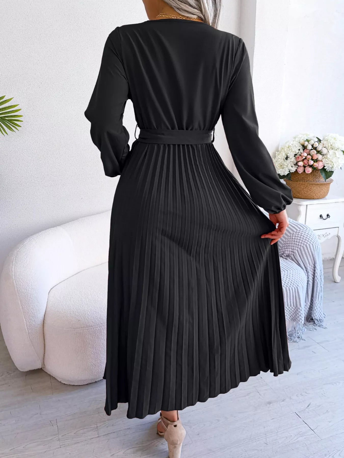 Elegant Pleated Front Tie Long Sleeve Dress-Nordavory