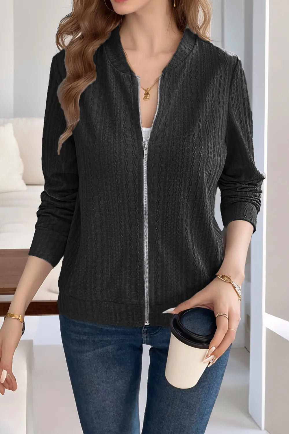 Baseball Collar Zip Up Long Sleeve Jacket-Nordavory