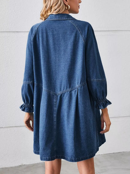 Button Down Ruffle Cuff Denim Dress-Nordavory