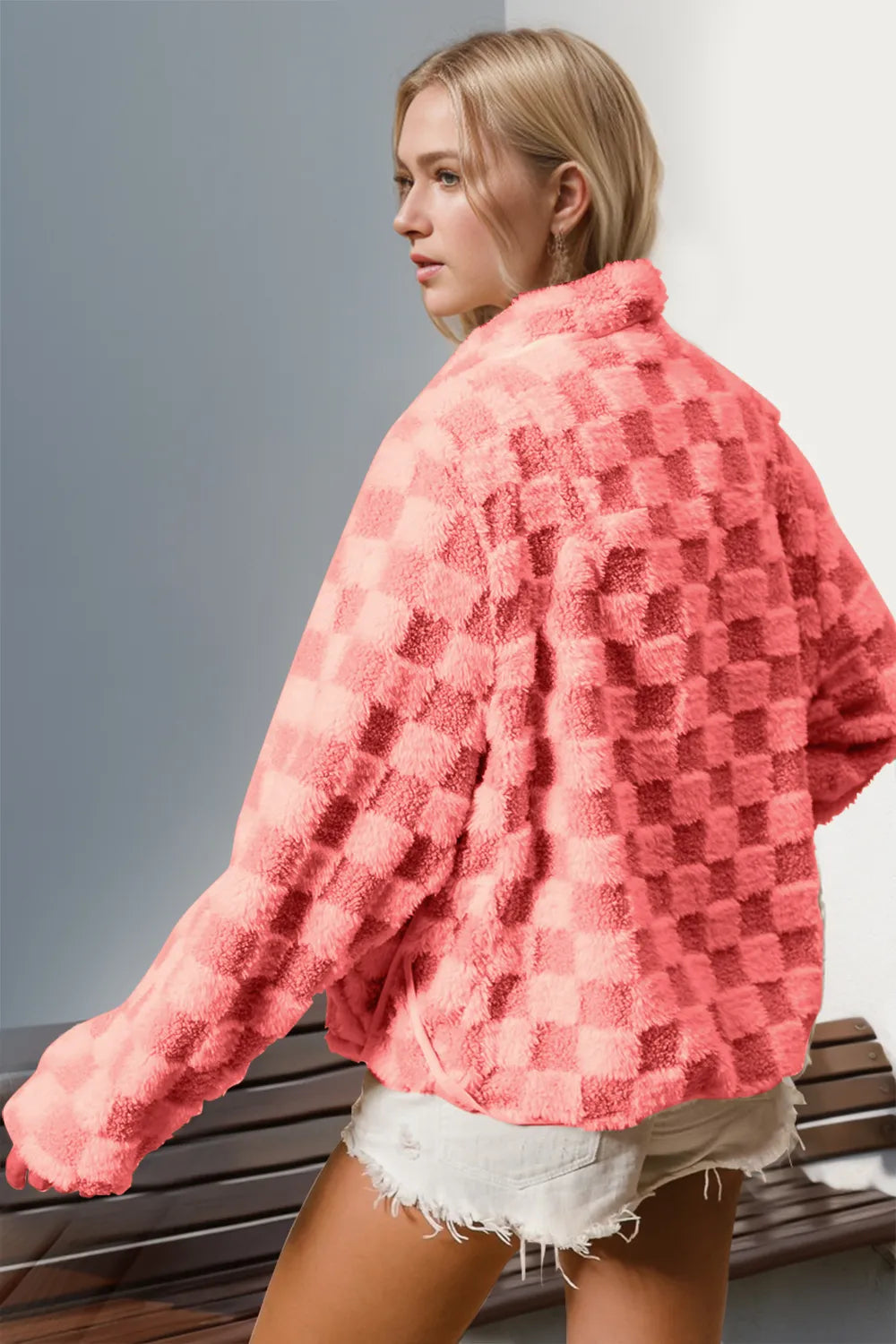 Double Take Checkered Long Sleeve Fuzzy Jacket-Nordavory