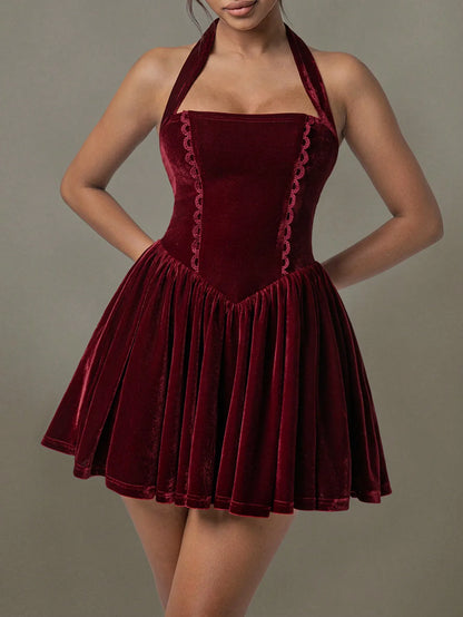 Velvet Halter Skater Dress-Nordavory