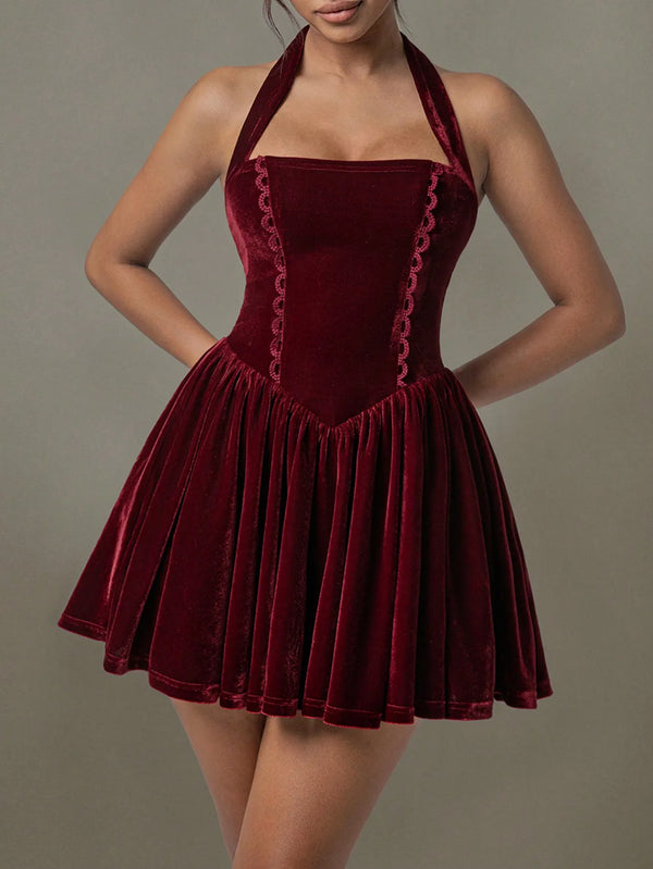 Velvet Halter Skater Dress-Nordavory