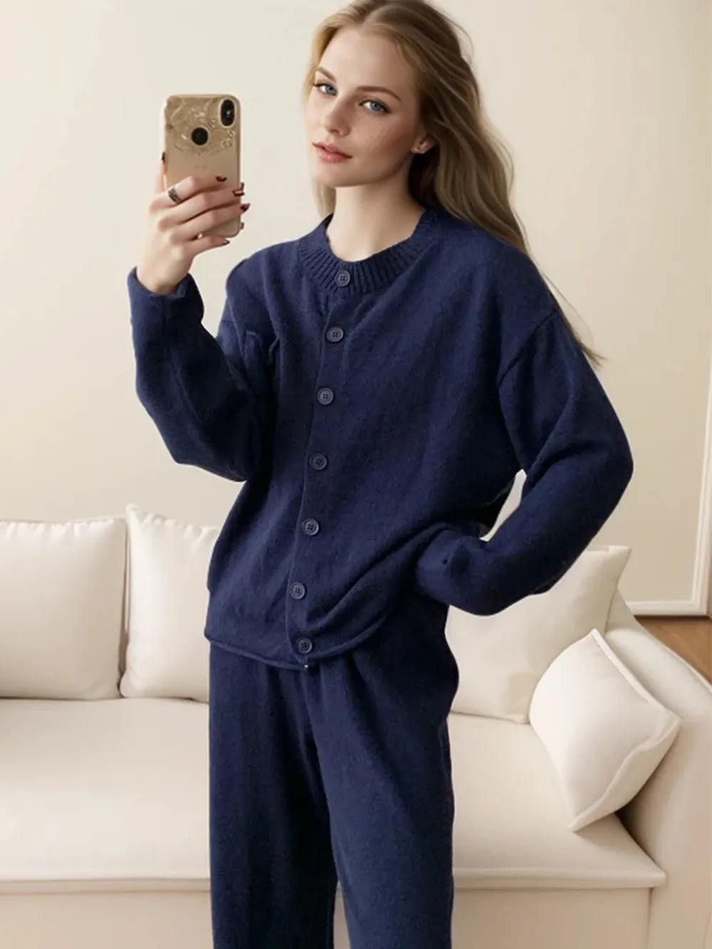 Pocketed Round Neck Button Up Cardigan and Pants Sweater Set-Nordavory