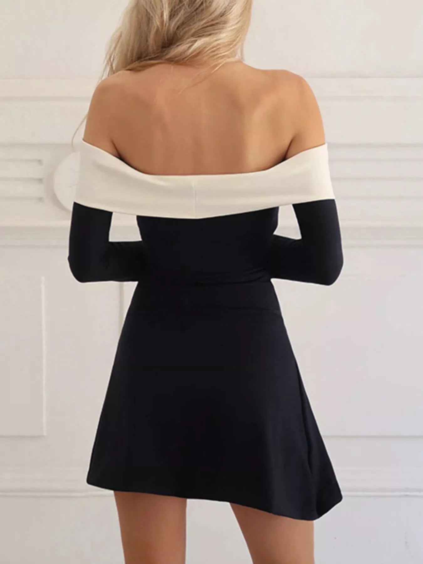 Off-Shoulder Bell Sleeve Mini Dress-Nordavory