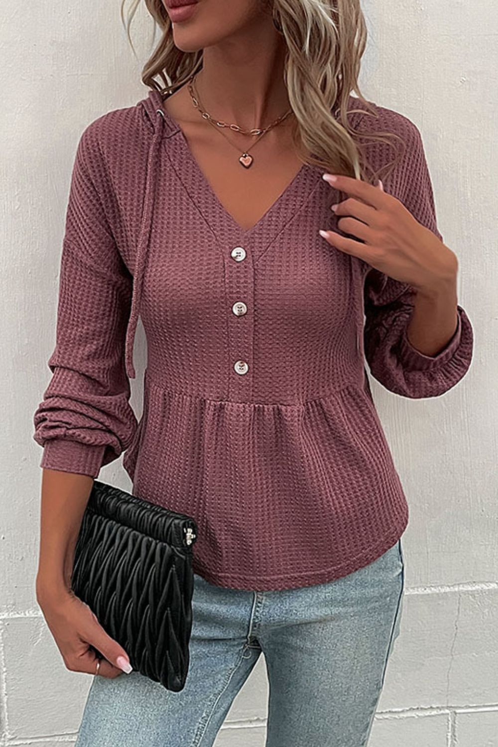 Perfee Waffle-Knit Buttoned Drop Shoulder Hoodie-Nordavory