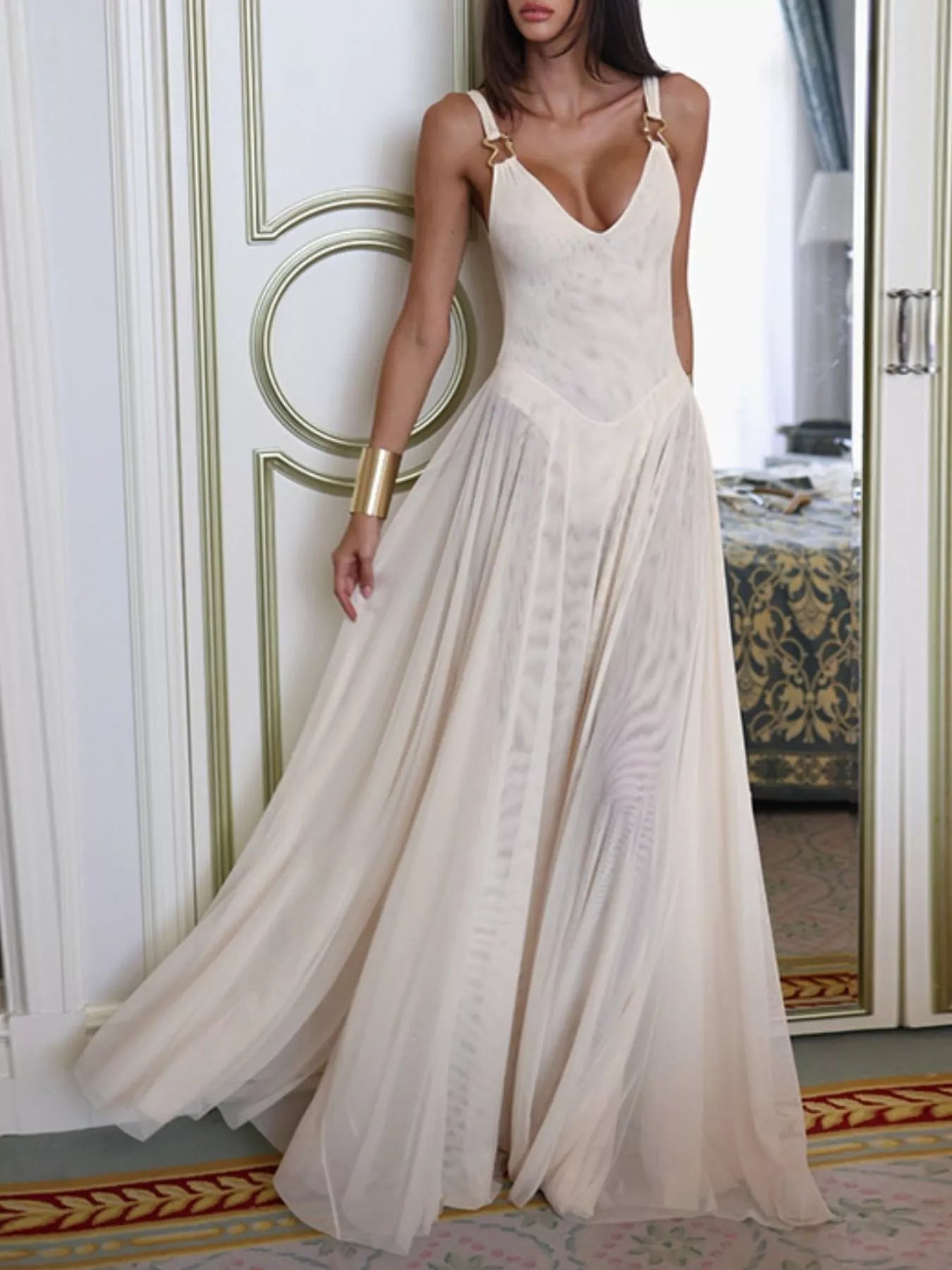 Sleeveless Sheer Maxi Dress with Gold Hardware Detail-Nordavory
