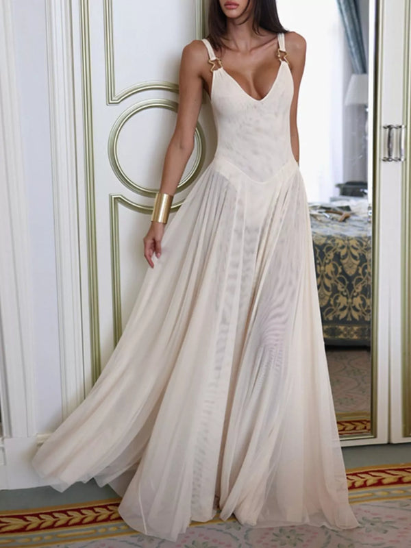 Sleeveless Sheer Maxi Dress with Gold Hardware Detail-Nordavory