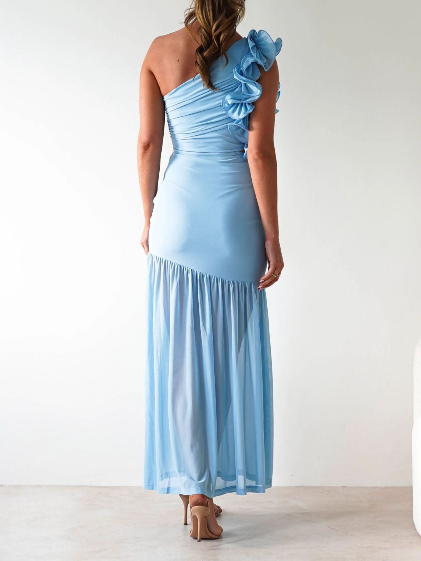 One-Shoulder Ruffle Trim Maxi Dress-Nordavory