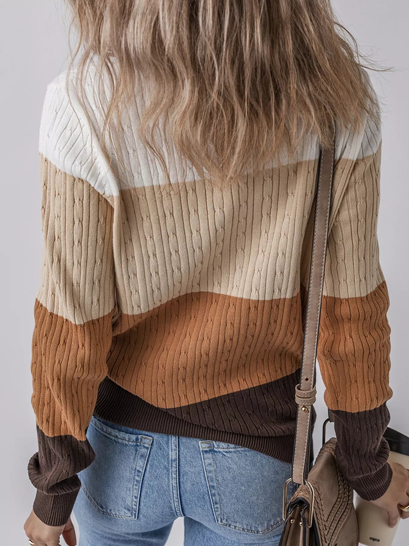 Colorblock Cable Knit Round Neck Sweater-Nordavory