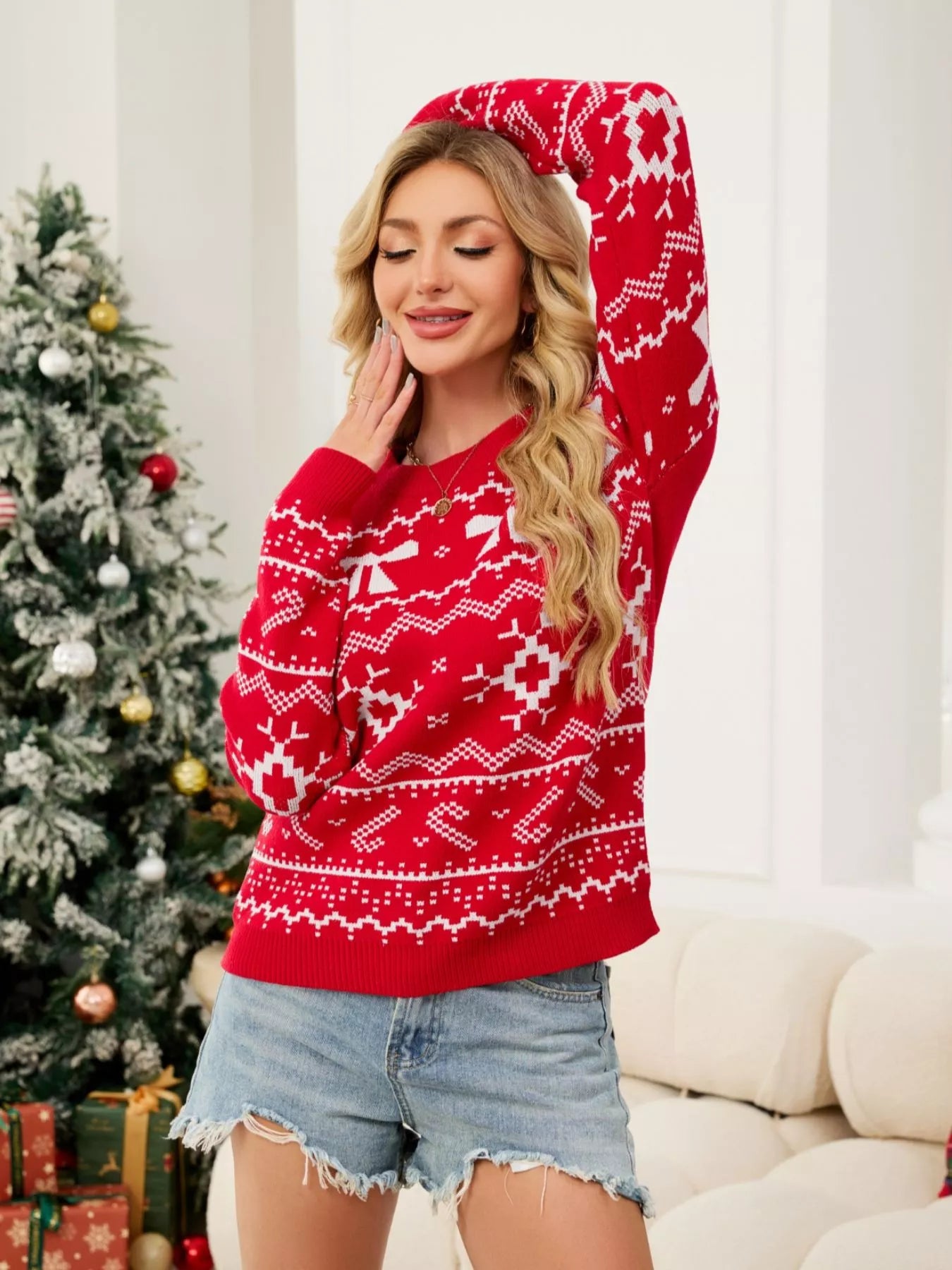 Christmas Bow Round Neck Sweater-Nordavory