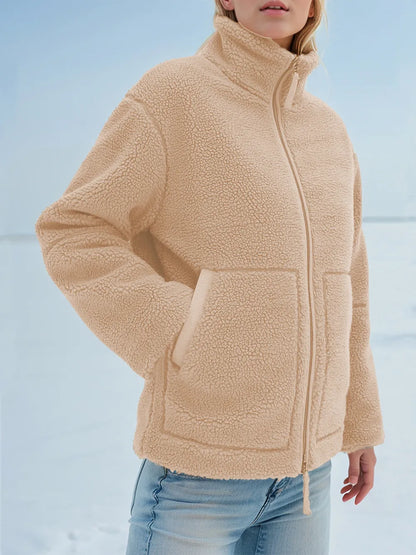 Turtleneck Zip Up Long Sleeve Plush Jacket-Nordavory