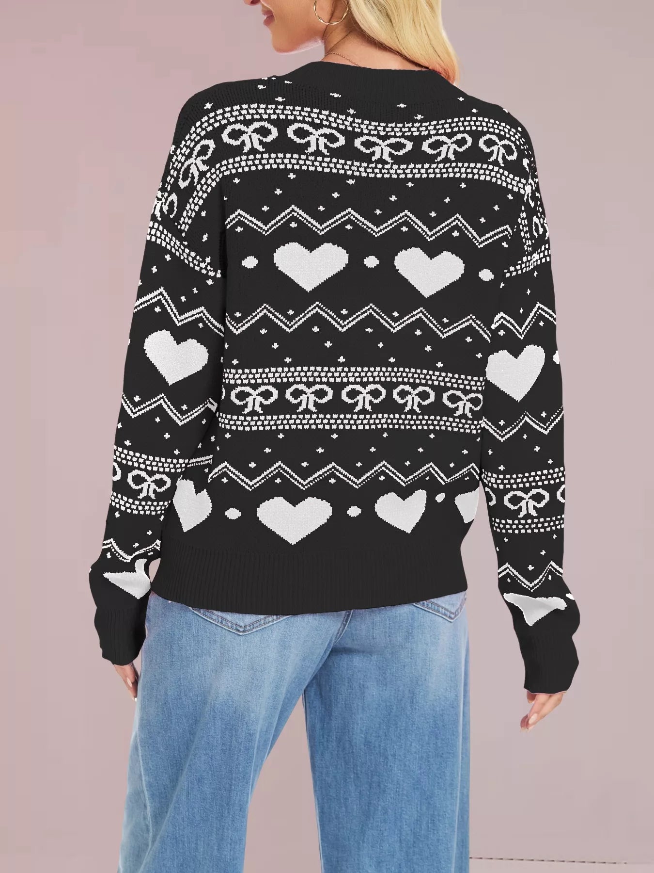 Heart & Bow Pattern Round Neck Sweater-Nordavory