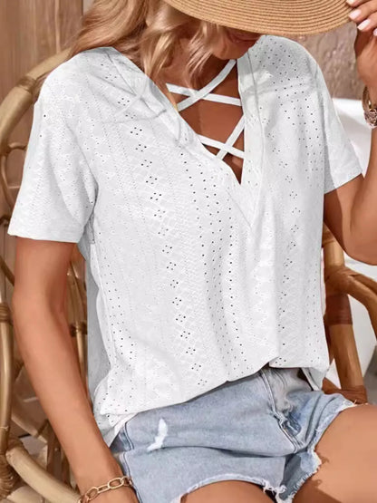 Eyelet Crisscross Short Sleeve T-Shirt-Nordavory