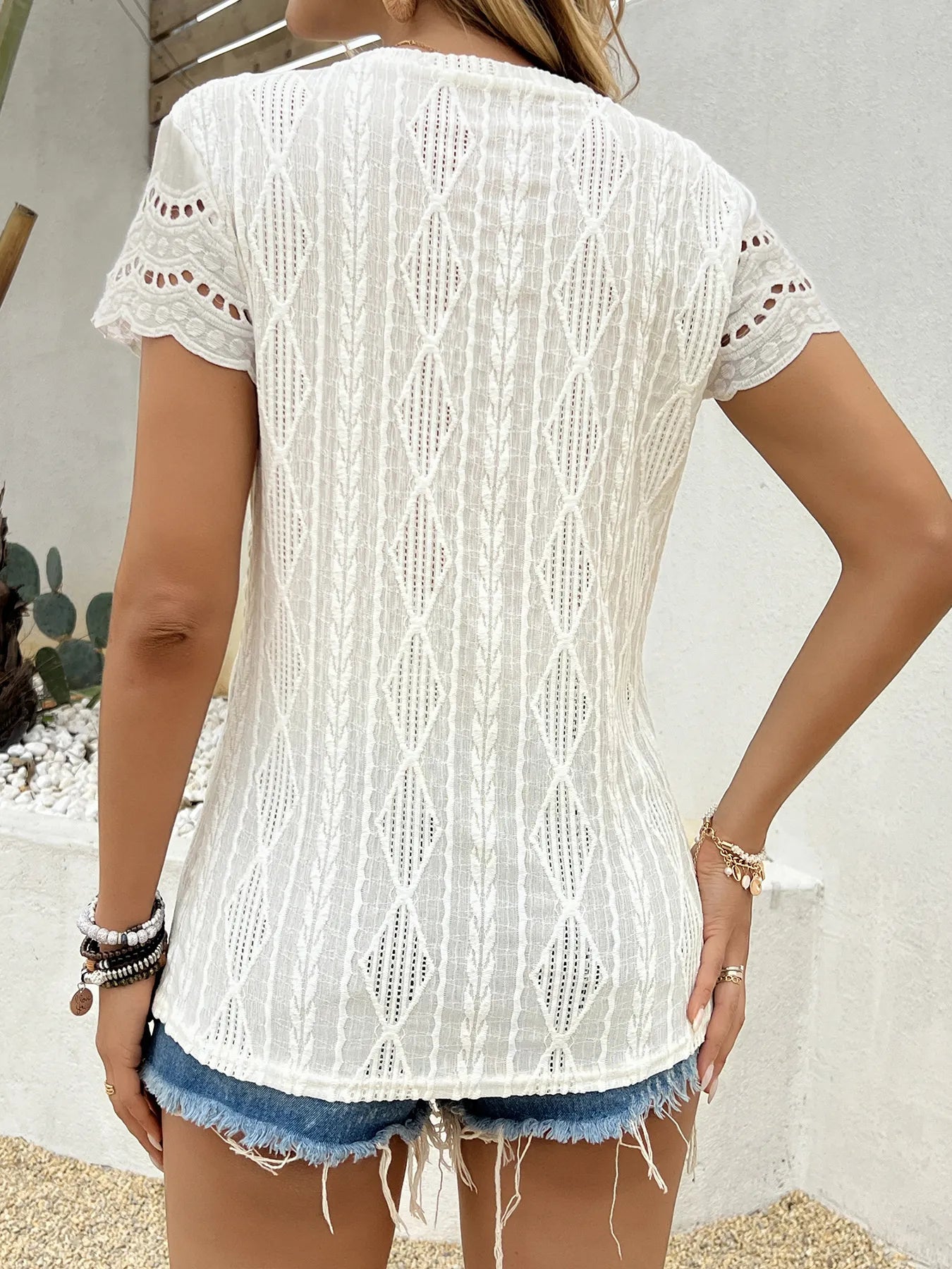 Crochet Lace Short Sleeve T-Shirt-Nordavory