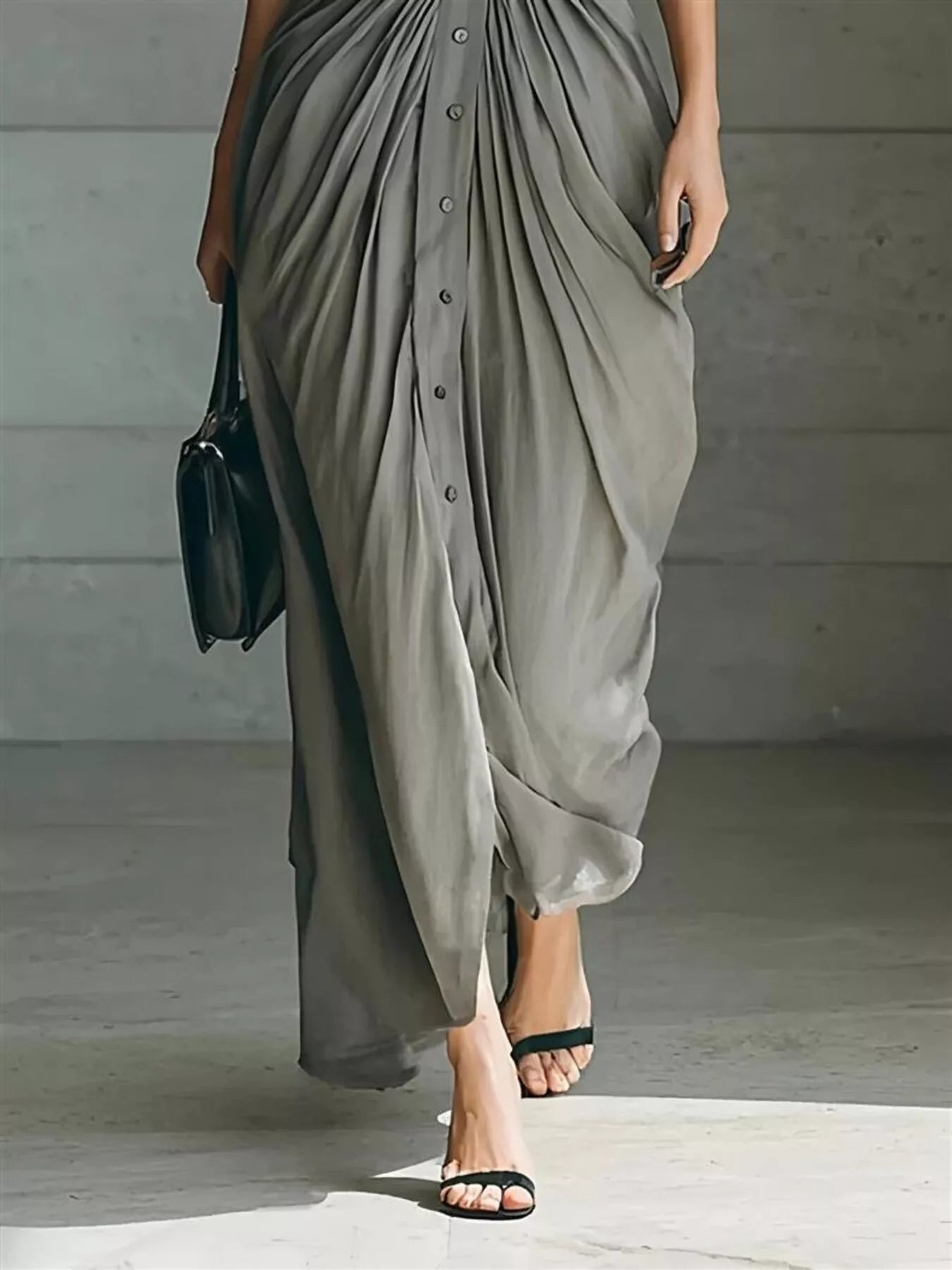 Full Size Button Front Ruched Shirt Maxi Dress Plus Size-Nordavory