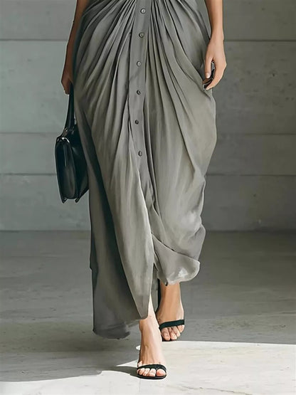 Full Size Button Front Ruched Shirt Maxi Dress Plus Size-Nordavory