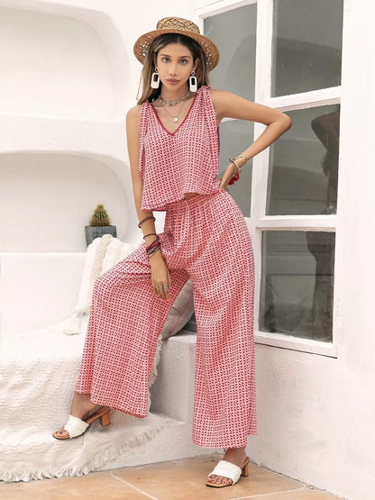 Gingham Tie Shoulder Top and Pants Set-Nordavory
