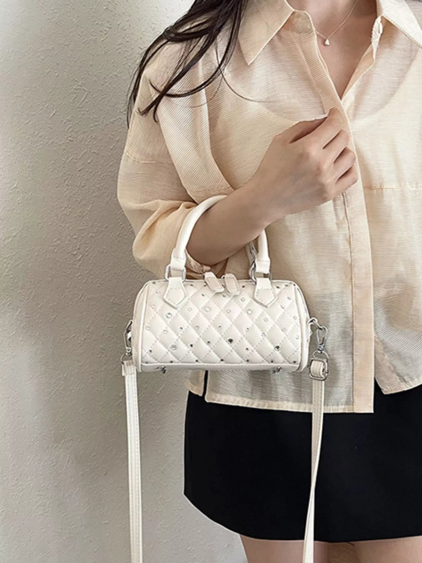 Quilted Barrel Handbag – Off-White PU Leather