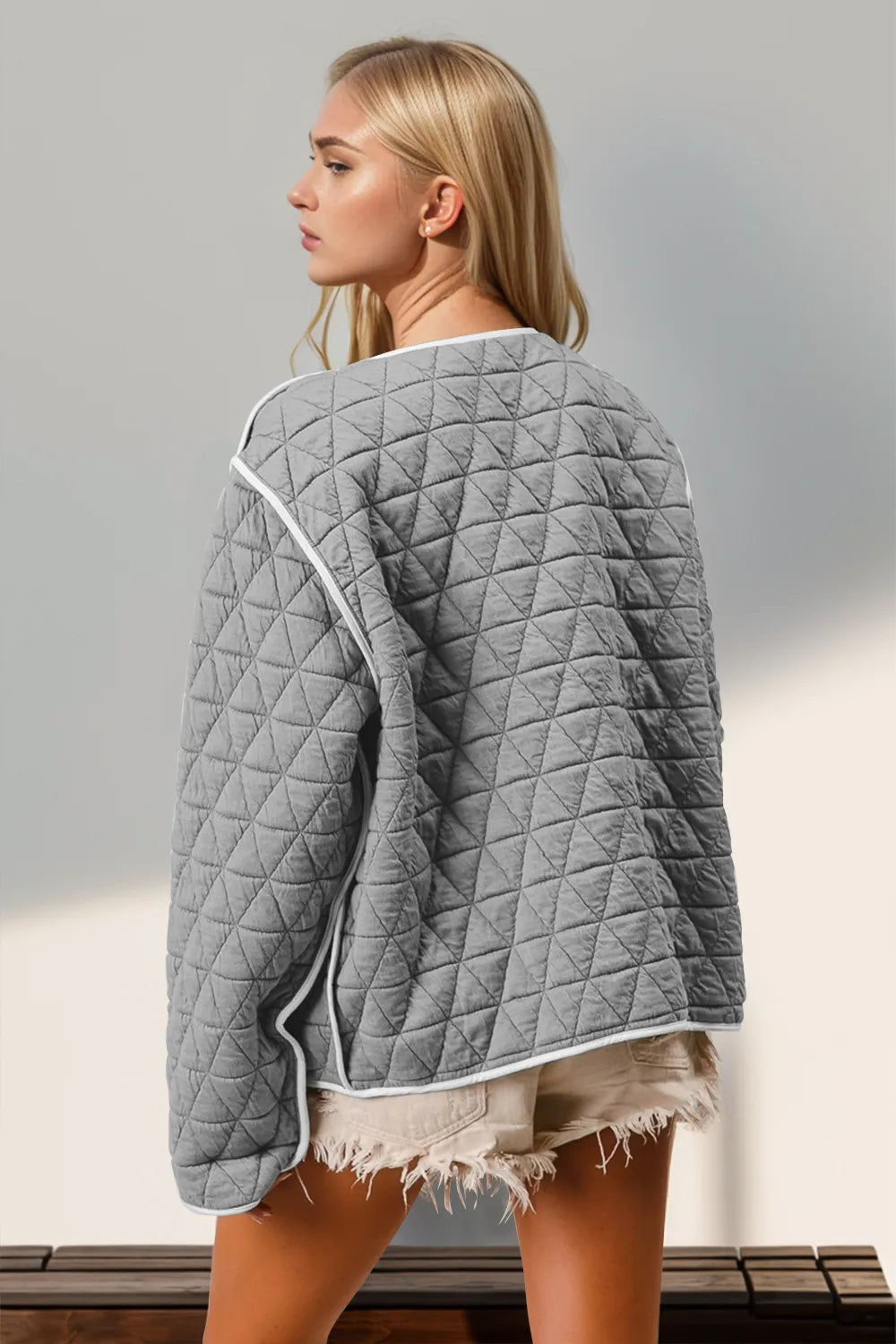 Double Take Contrast Trim Tie Front Quilted Jacket with Pockets-Nordavory
