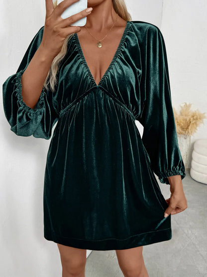 Ruched V-Neck Balloon Sleeve Dress-Nordavory