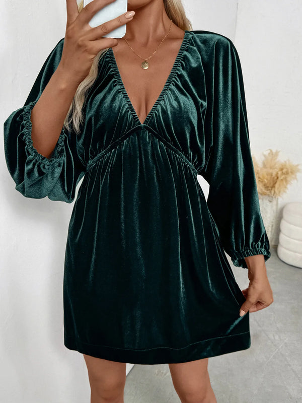 Ruched V-Neck Balloon Sleeve Dress-Nordavory