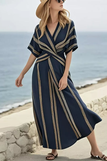 Striped Wrap Half Sleeve Maxi Dress-Nordavory