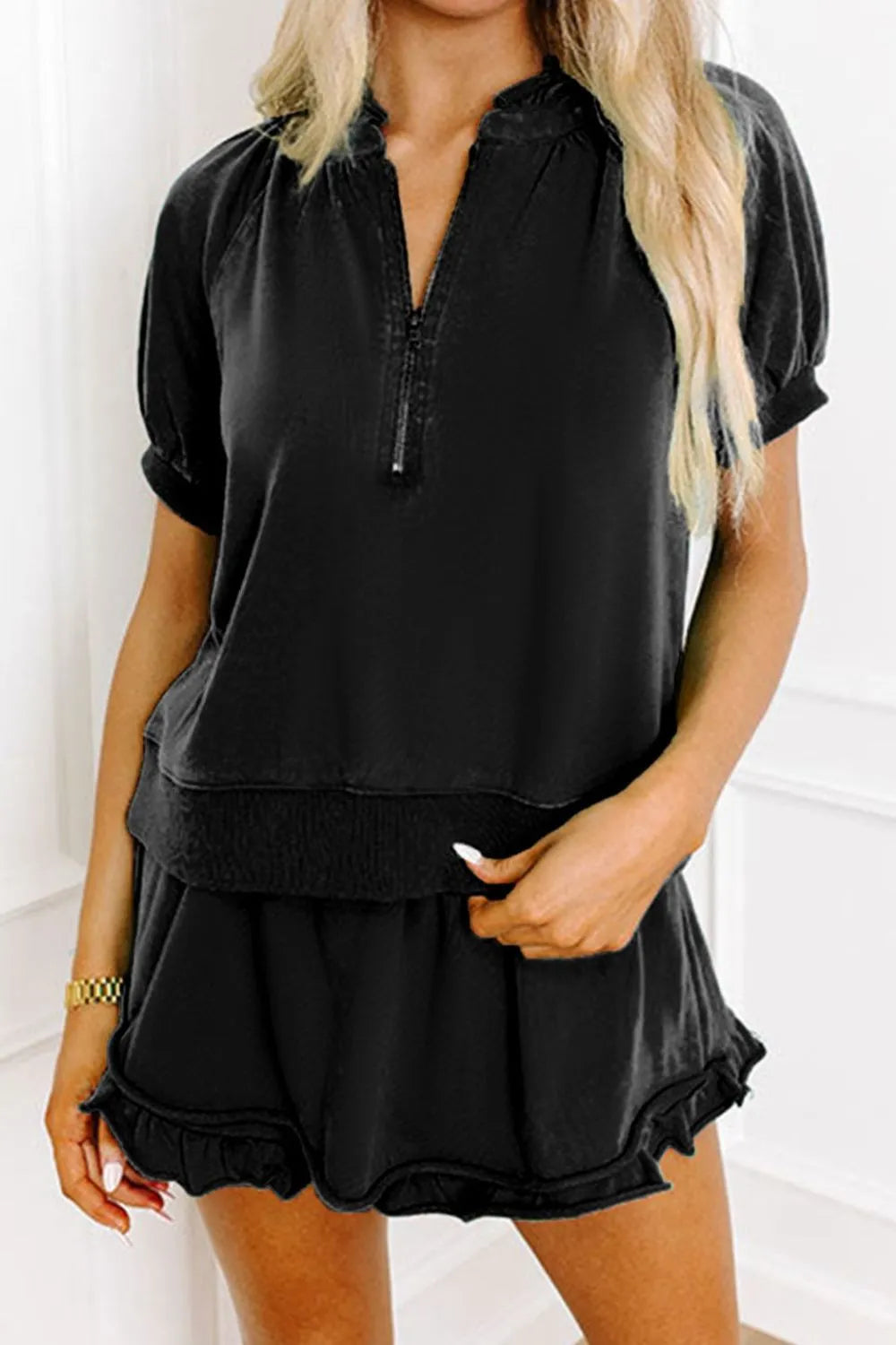 Frill Zip Front Puff Sleeve Top and Skort Set-Nordavory