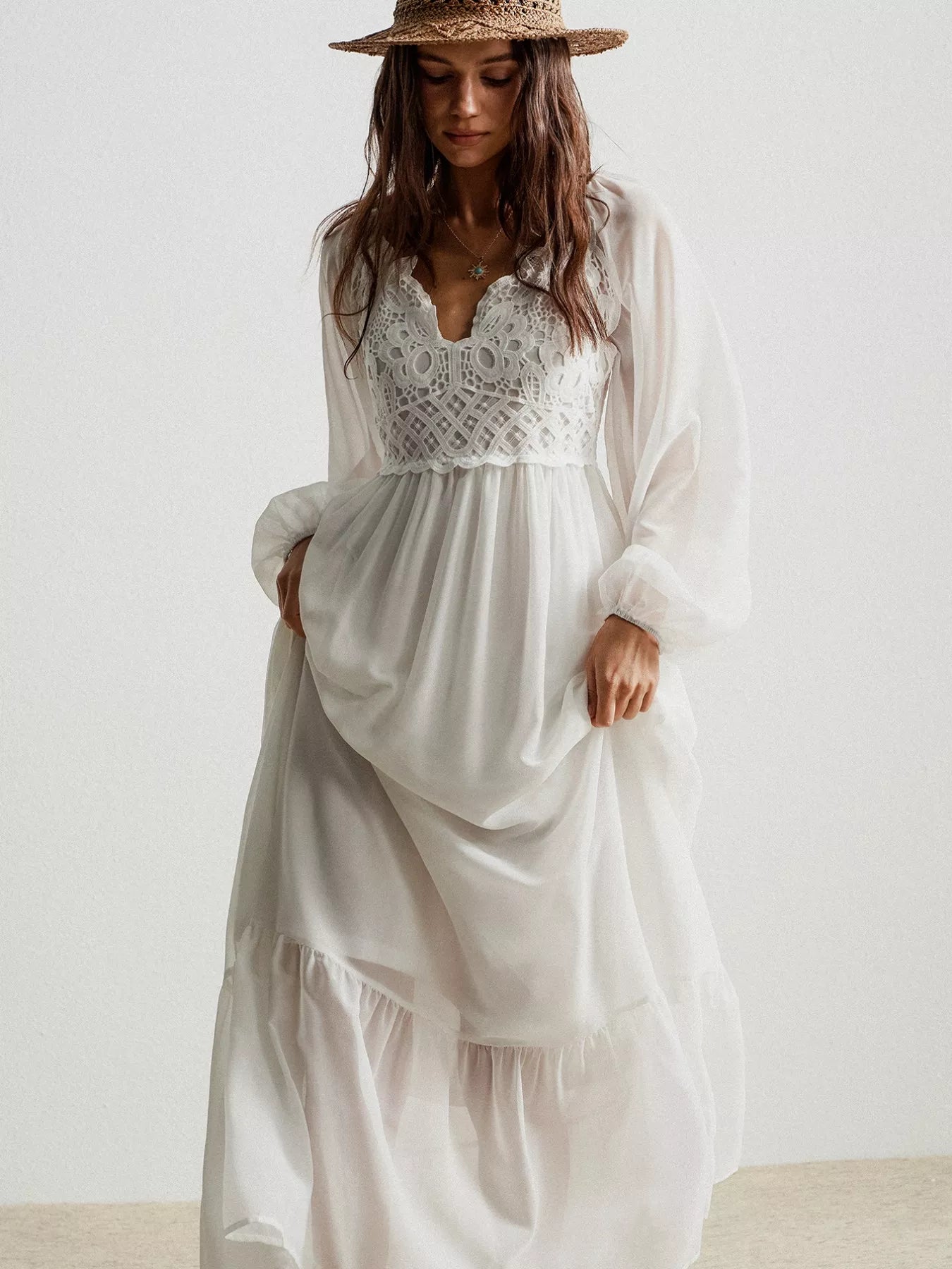 Boho Chic Crochet Lace Maxi Dress-Nordavory