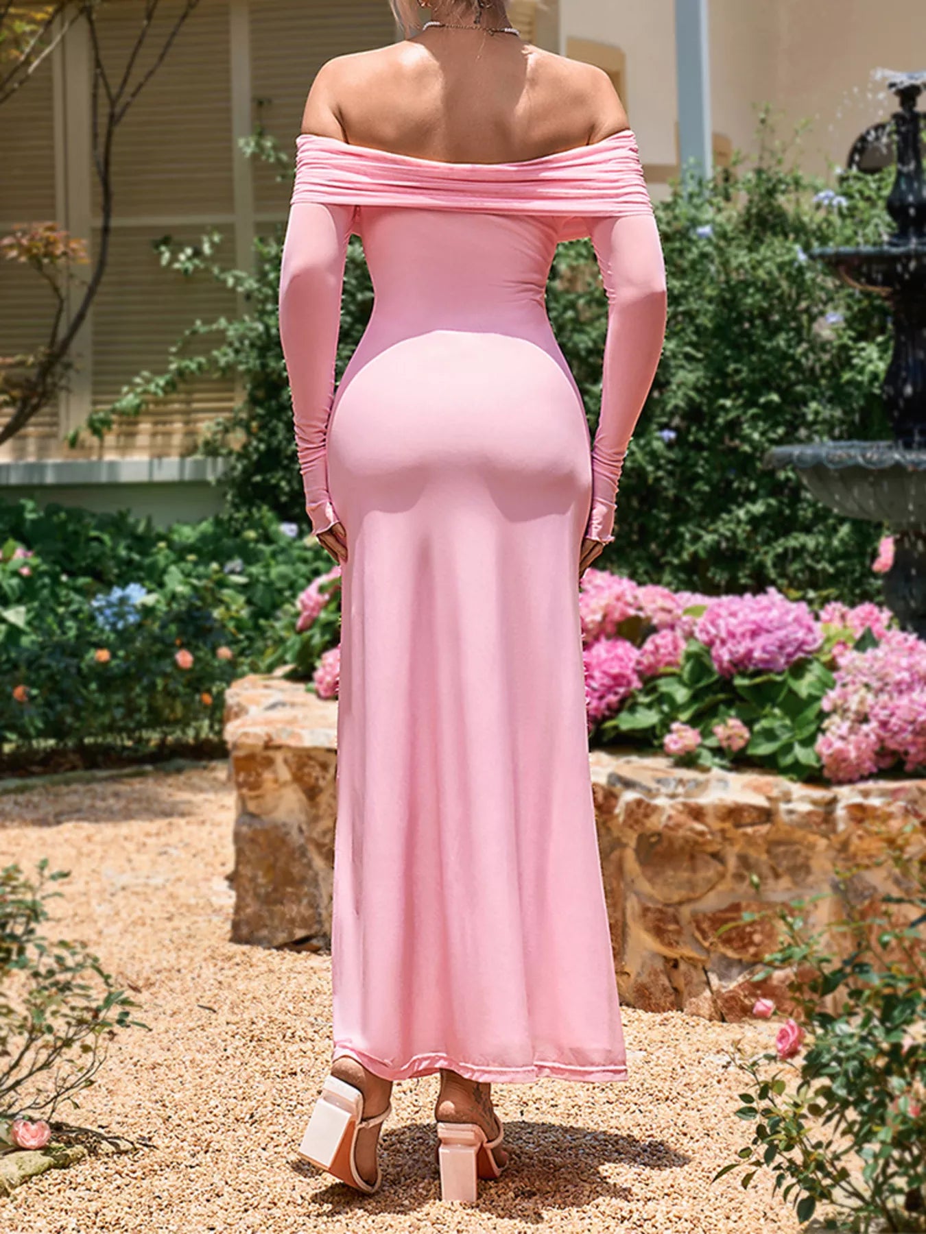 Off-Shoulder Ruched Long Sleeve Maxi Dress-Nordavory