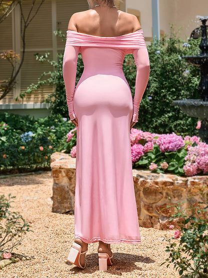 Off-Shoulder Ruched Long Sleeve Maxi Dress-Nordavory