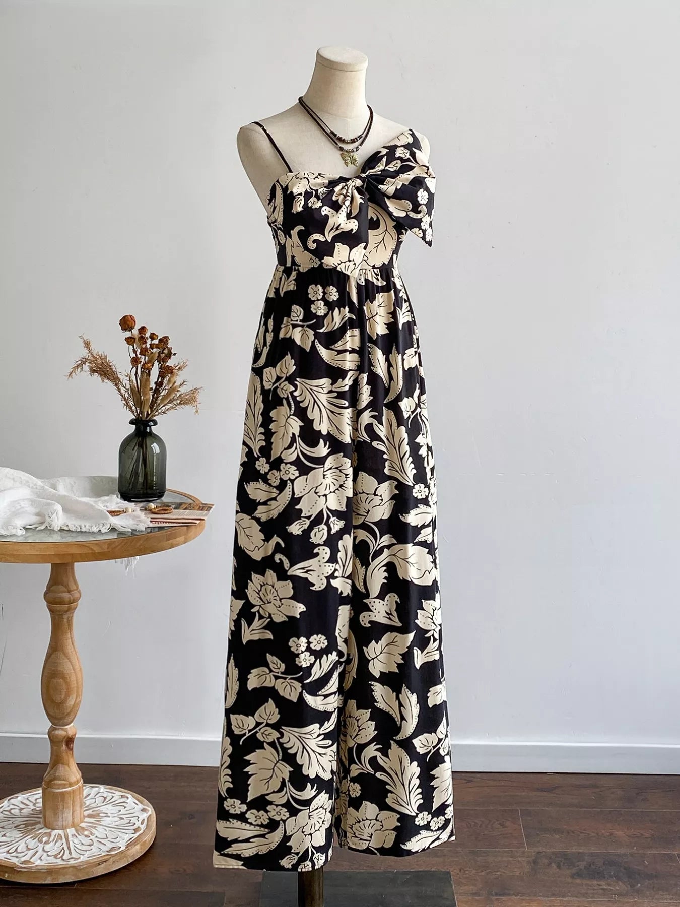 Floral Print Bowknot Wide Leg Jumpsuit-Nordavory