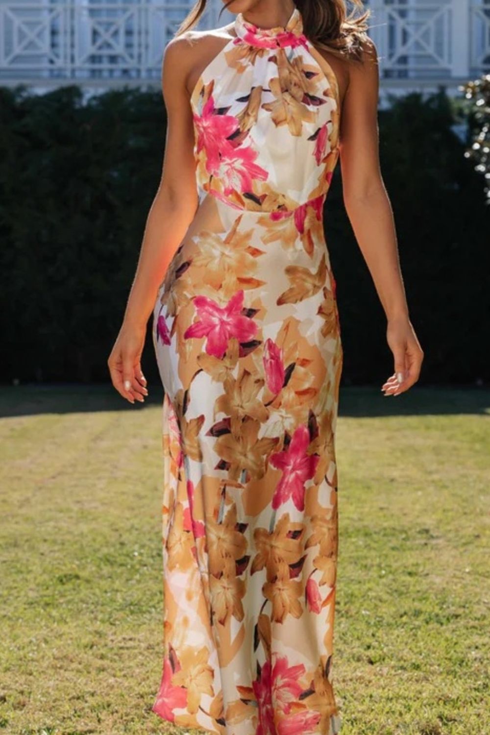 Floral Print Halter Neck Maxi Dress-Nordavory