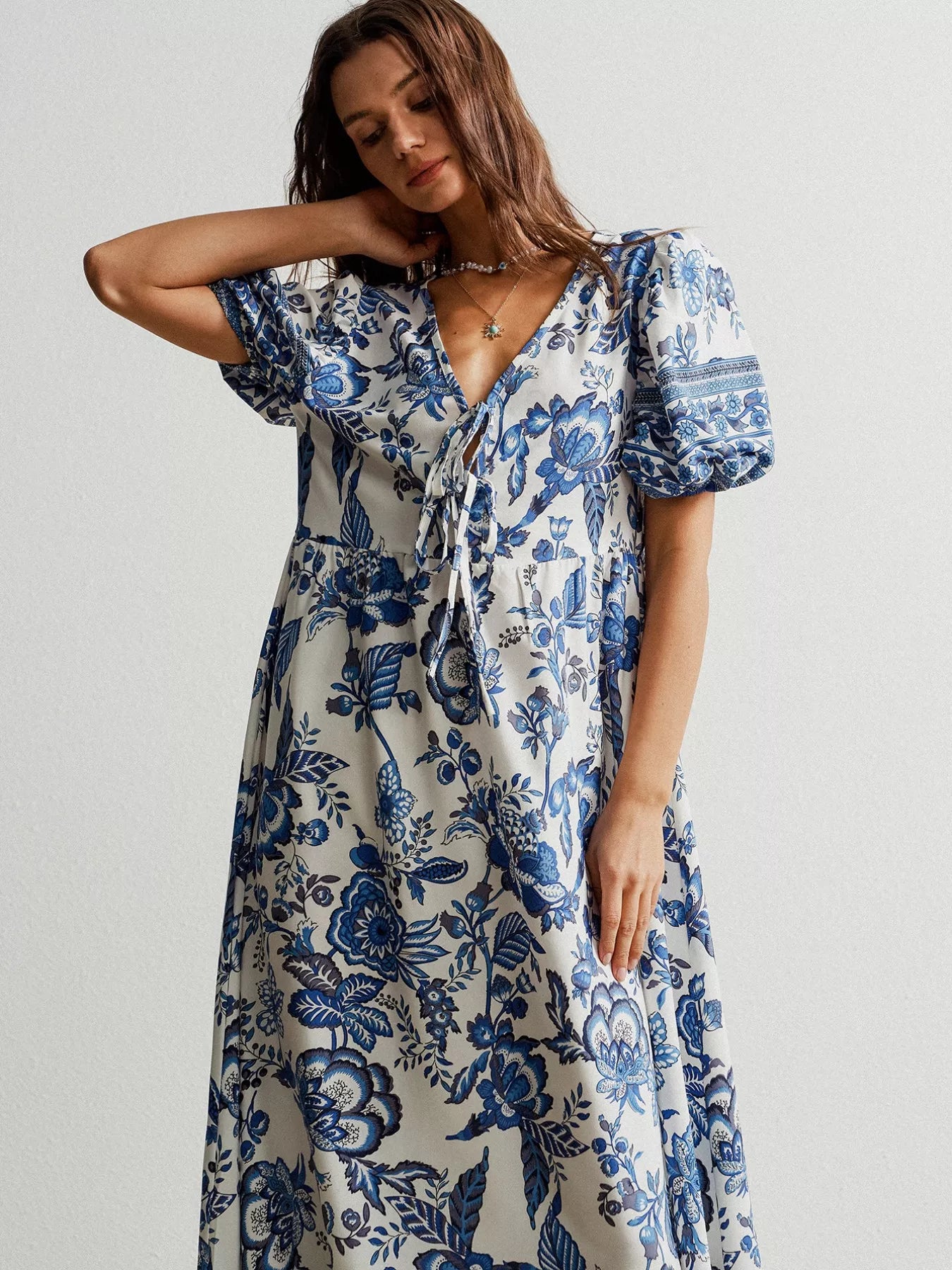 Floral Print Tie-Neck Puff Sleeve Maxi Dress-Nordavory