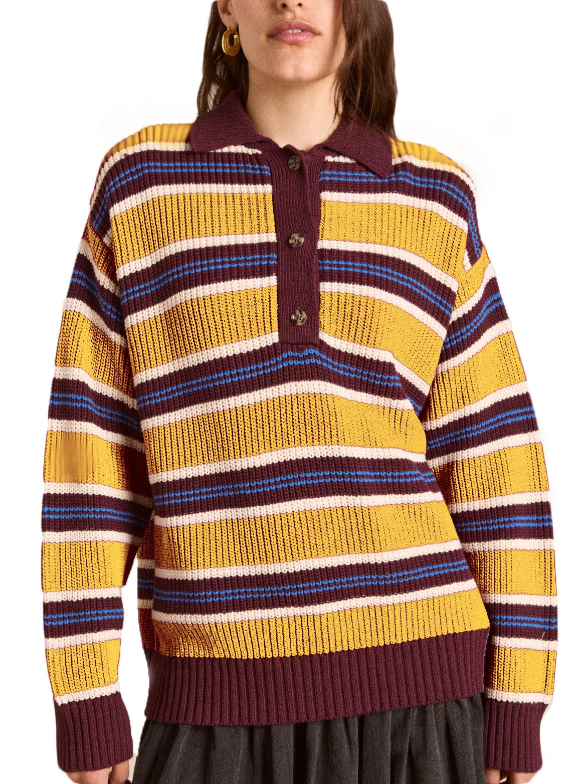 Striped Button Detail Polo Collar Sweater-Nordavory