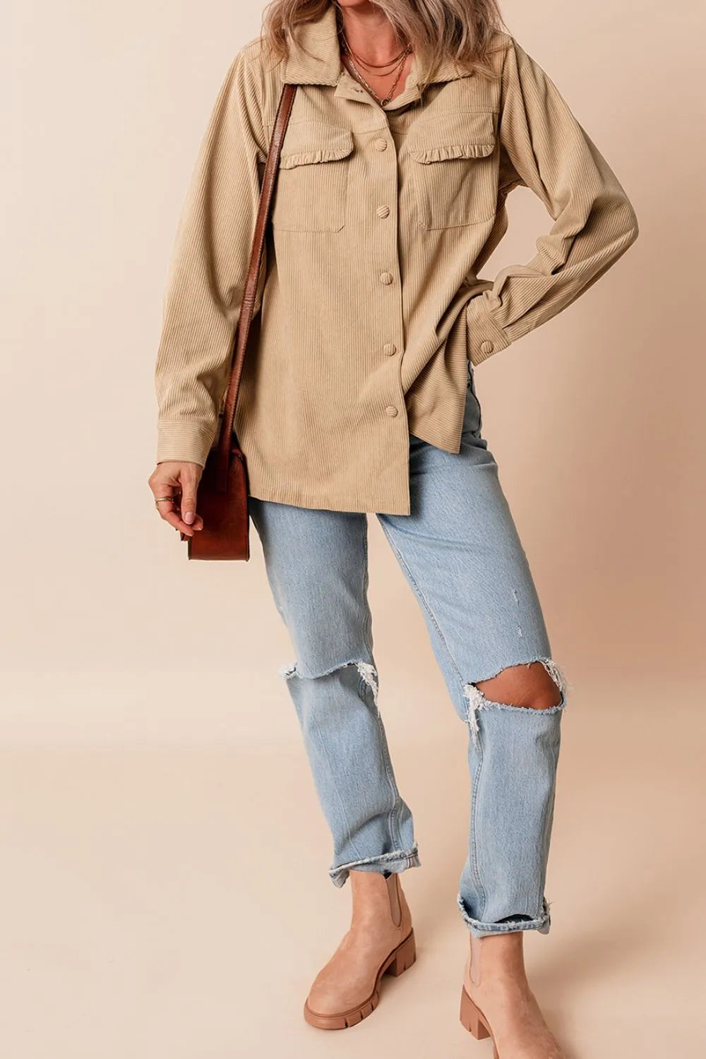 Frill Button Up Long Sleeve Shacket-Nordavory