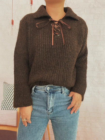 Lace Up Long Sleeve Sweater-Nordavory