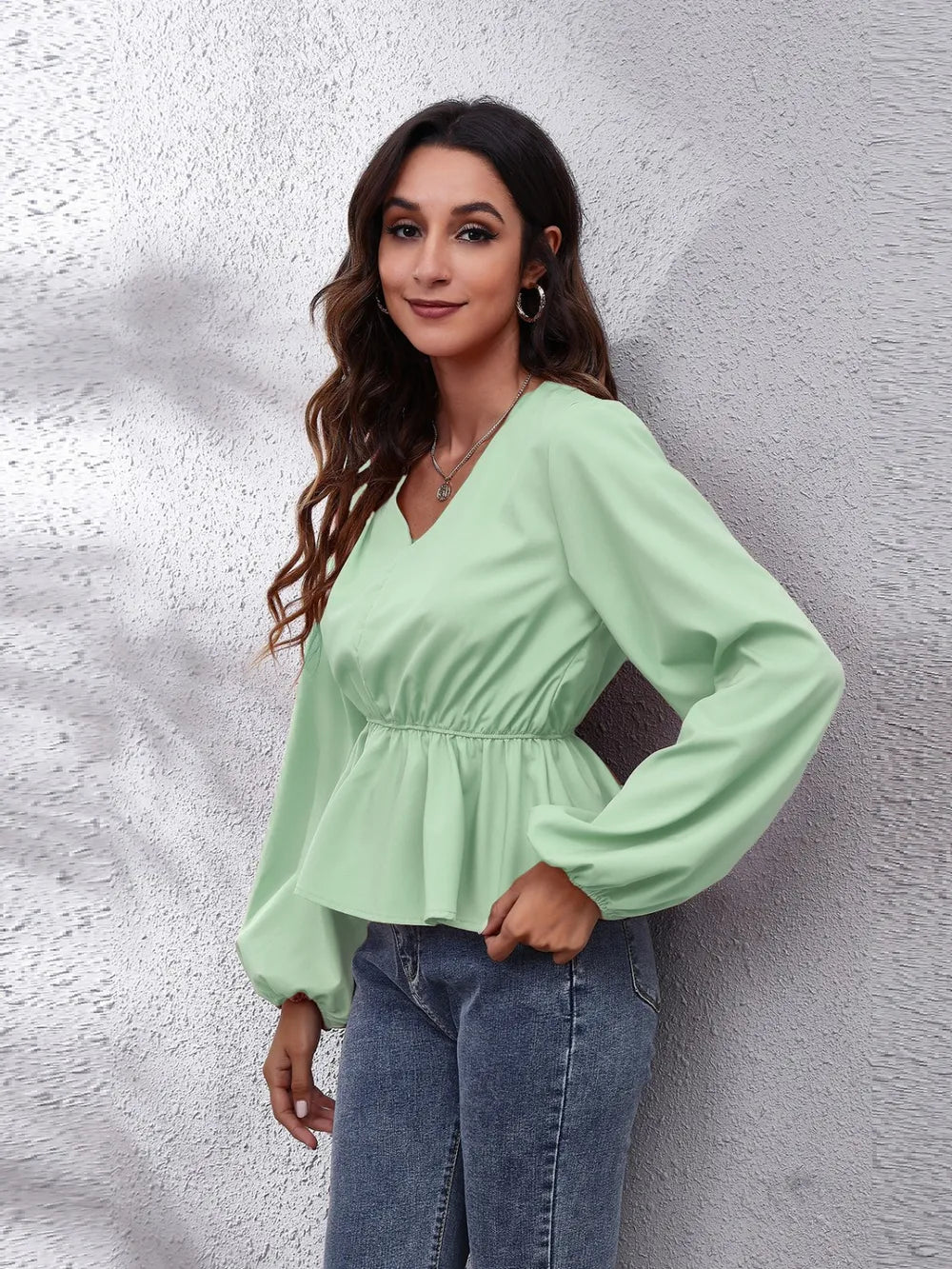 V-Neck Balloon Sleeve Peplum Blouse-Nordavory