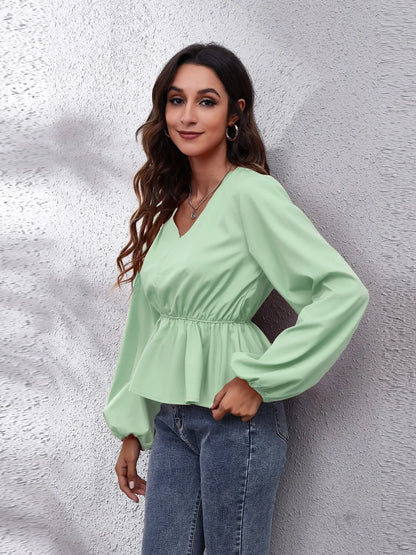 V-Neck Balloon Sleeve Peplum Blouse-Nordavory