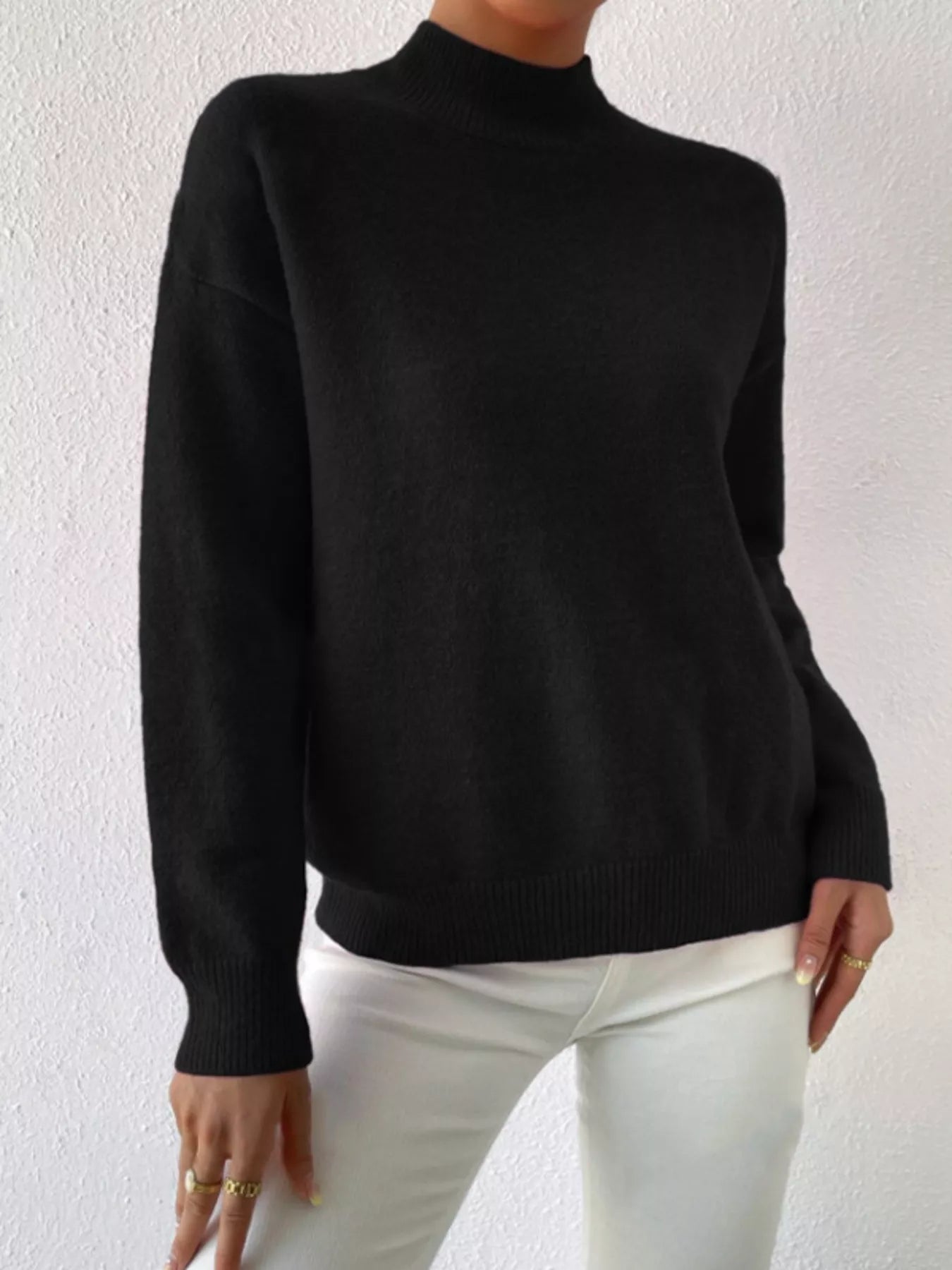 Mock Neck Dropped Shoulder Sweater-Nordavory