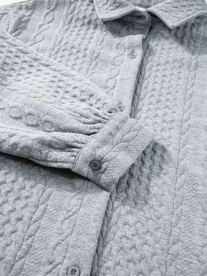 Cable Texture Puff Sleeve Loose Shacket-Nordavory
