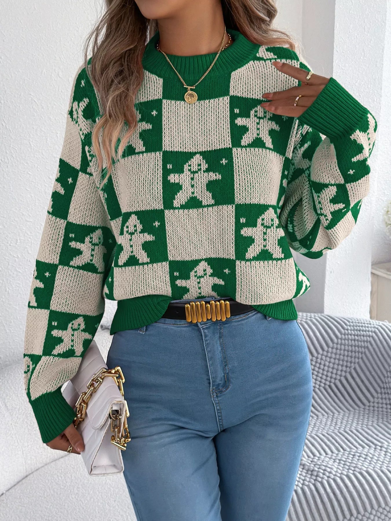 Christmas Checkerboard Gingerbread Round Neck Sweater-Nordavory