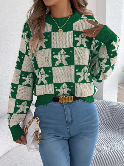 Christmas Checkerboard Gingerbread Round Neck Sweater-Nordavory