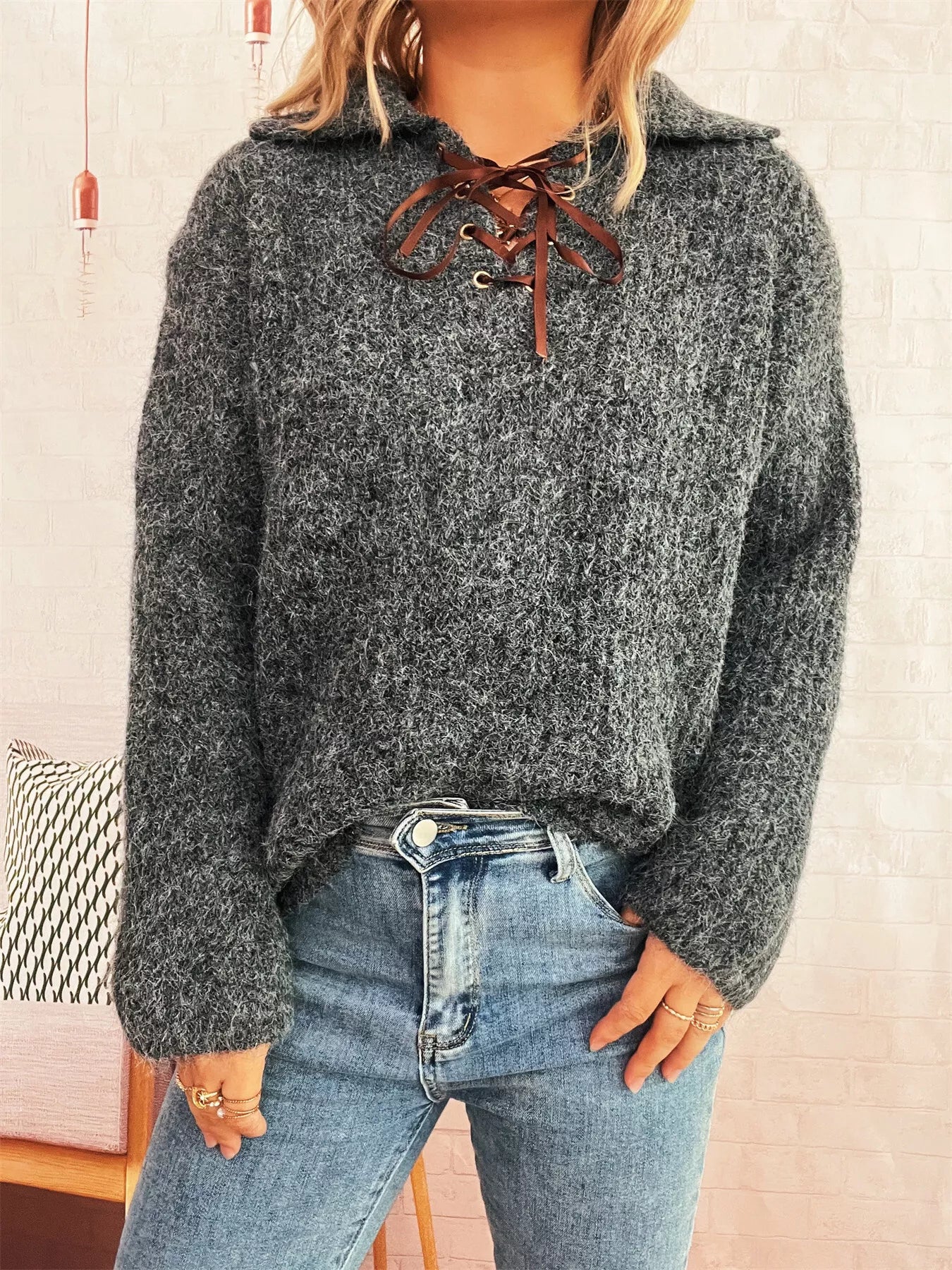 Lace Up Long Sleeve Sweater-Nordavory