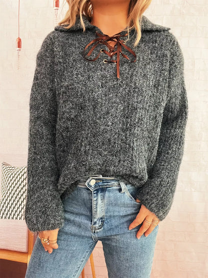Lace Up Long Sleeve Sweater-Nordavory