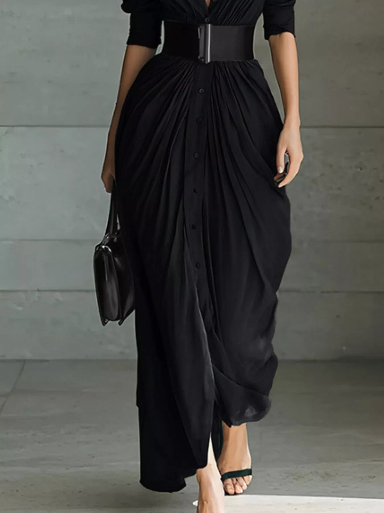 Full Size Button Front Ruched Shirt Maxi Dress Plus Size-Nordavory