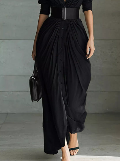 Full Size Button Front Ruched Shirt Maxi Dress Plus Size-Nordavory