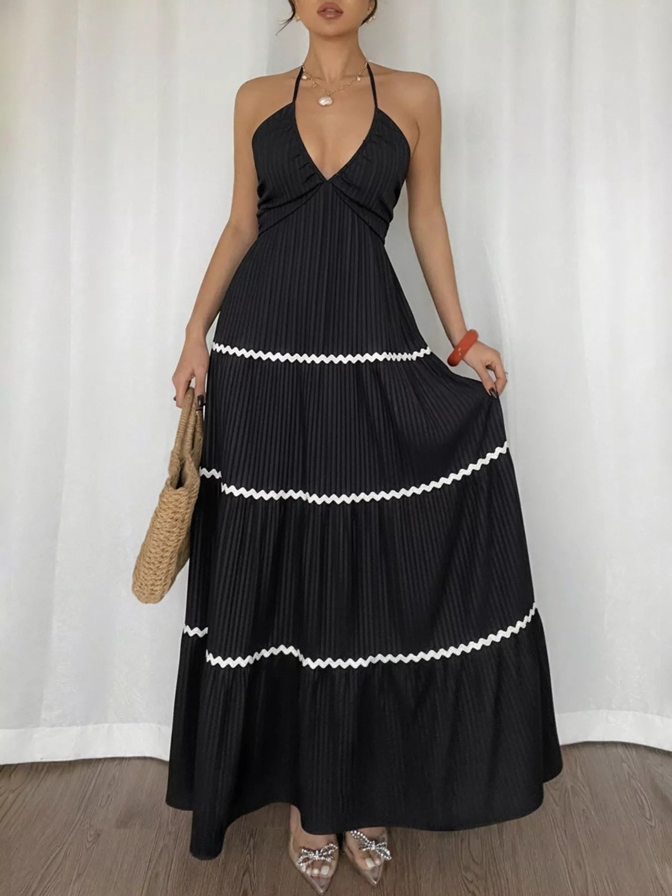 Halter Neck Pleated Maxi Dress-Nordavory